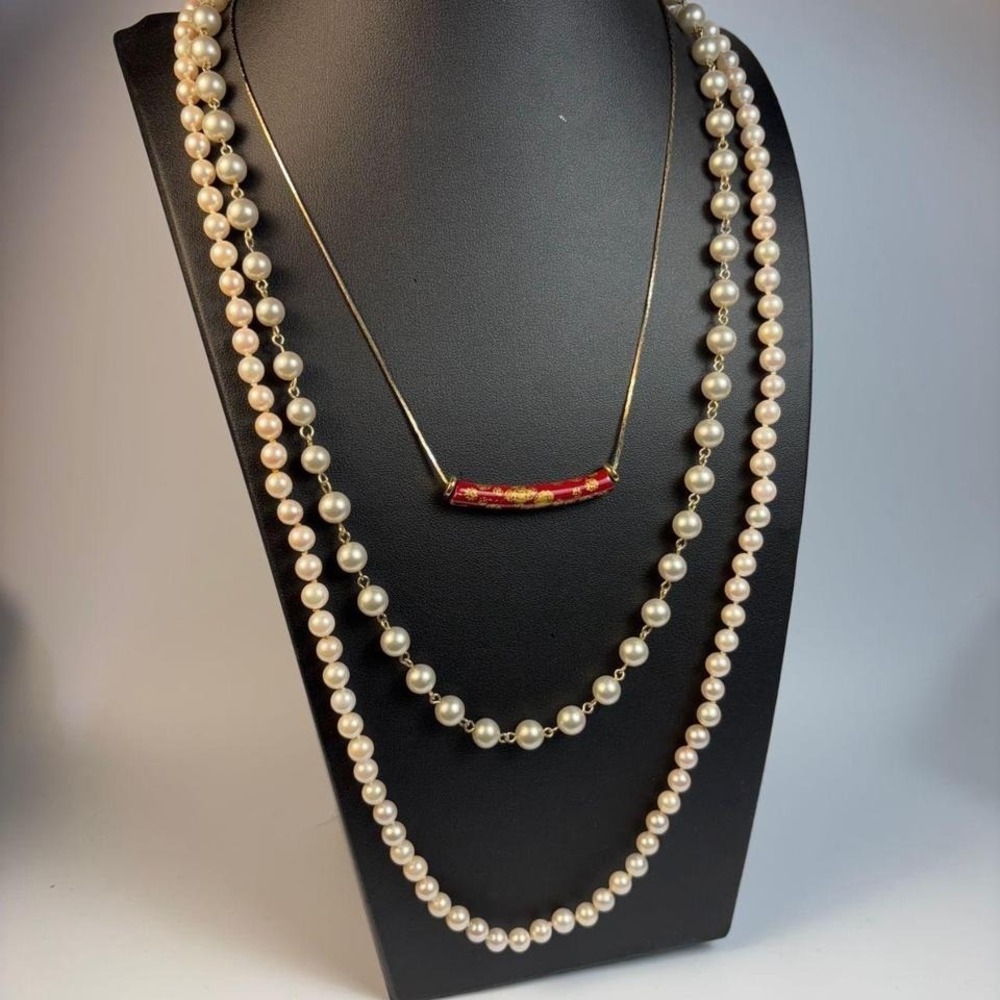 Glam Necklace Lot Vintage Enamel Pearl Gold Tone Metal